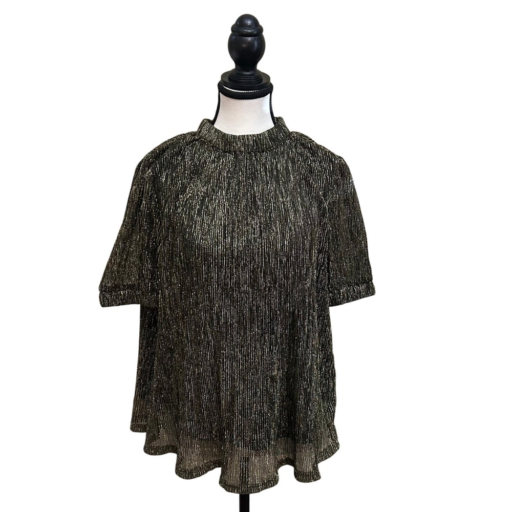 Gold Metallic Pleated Top Short Sleeve Mock Neck Blouse Womens Medium